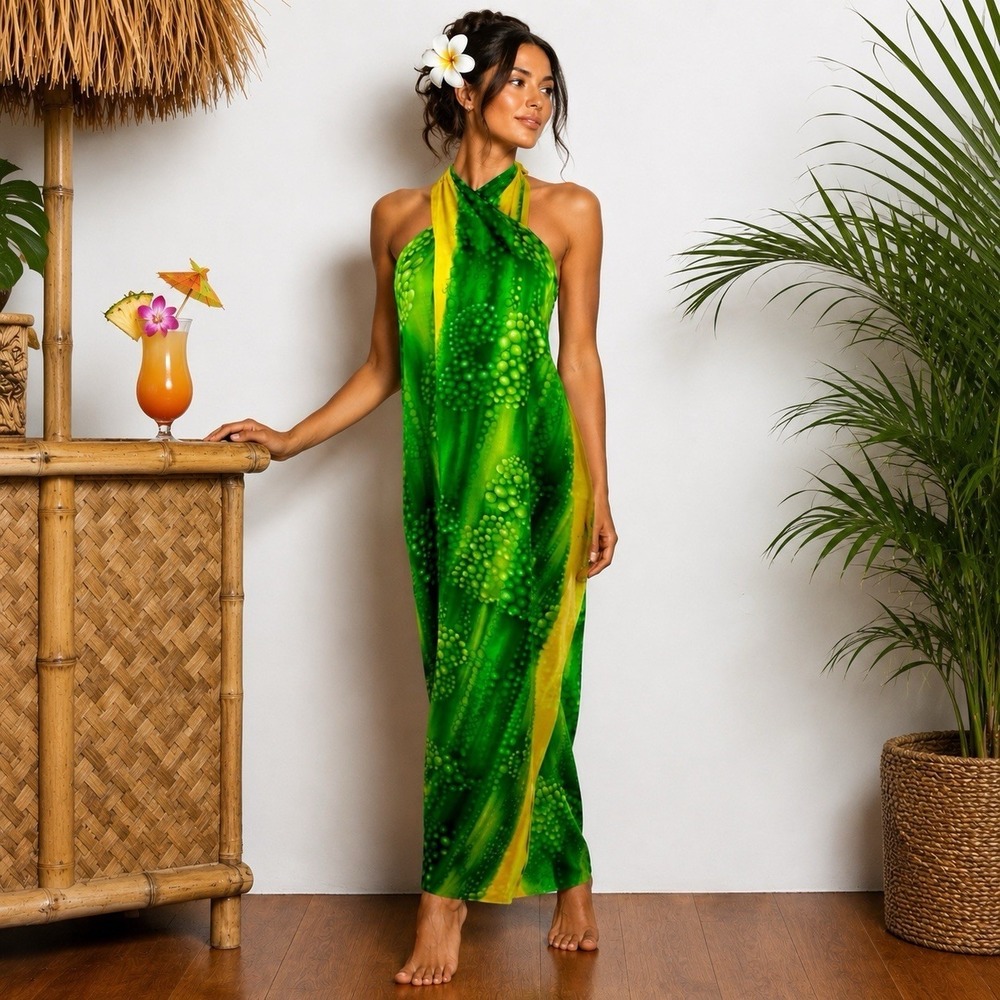Vintage 70s Hawaiian Barkcloth Sarong Dress Beach Cover Up Tiki‎ Royal Palm